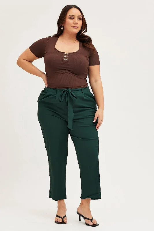 Green Crop Pants High Rise Waist Tie