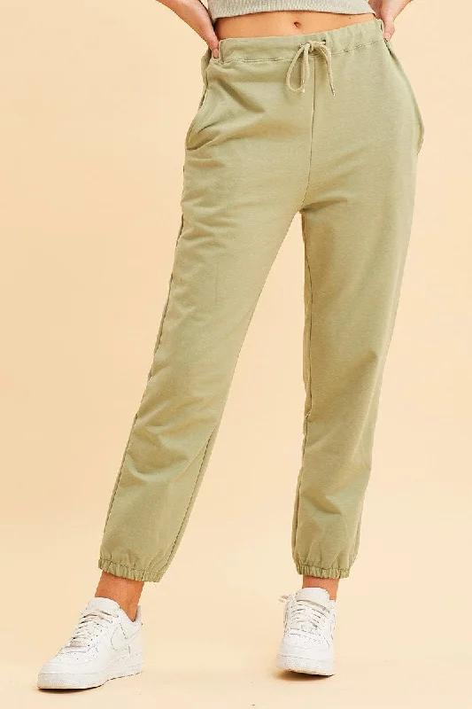 Green Lounge Pant Cotton Terry Stretch Drawstring Waist