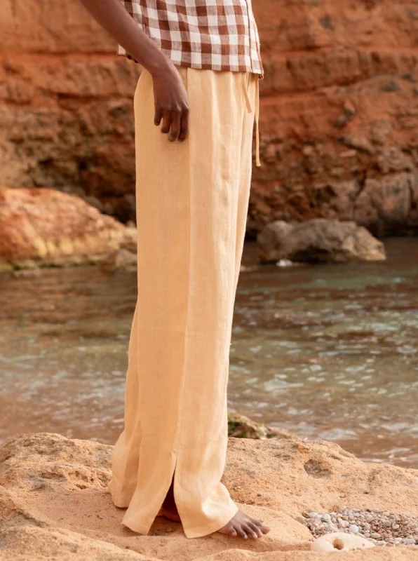 Leah Wide Linen Pants with Slits - Mustard