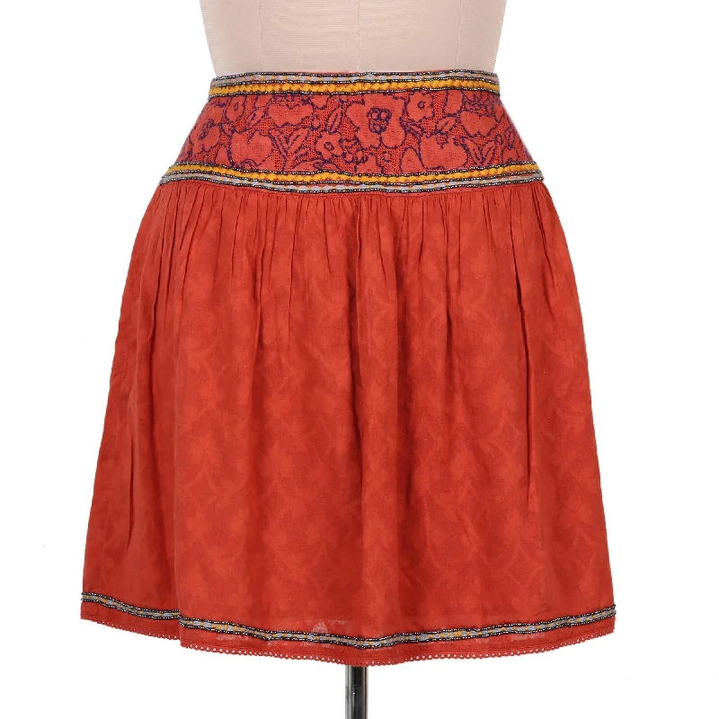 Novica Handmade Assam Terracotta Embroidered Cotton Skirt