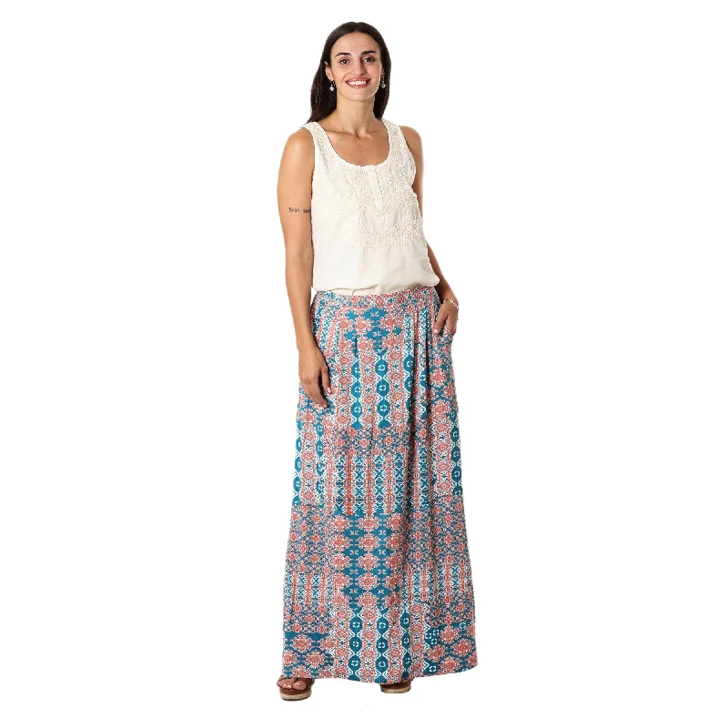 Novica Handmade Meena Bazaar In Teal Viscose Maxi Skirt