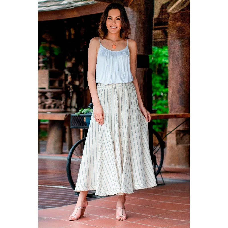 Novica Handmade Noble Lines In Blue Cotton Midi Skirt