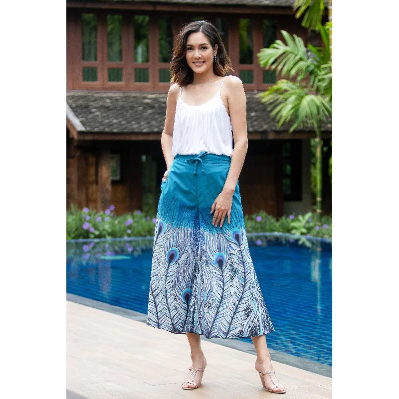 Novica Handmade Peacock Passion In Blue Cotton Wide-Leg Cropped Pants