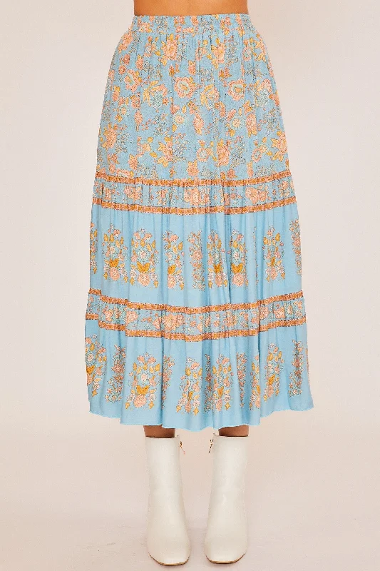 Sandra Boho Floral Maxi Skirt Dusty Blue