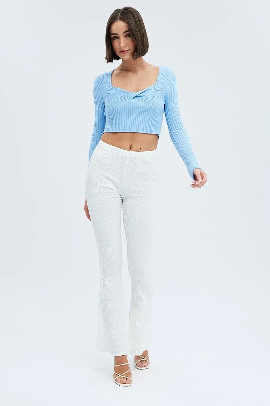 White Flare Leg Pants Textured Jersey