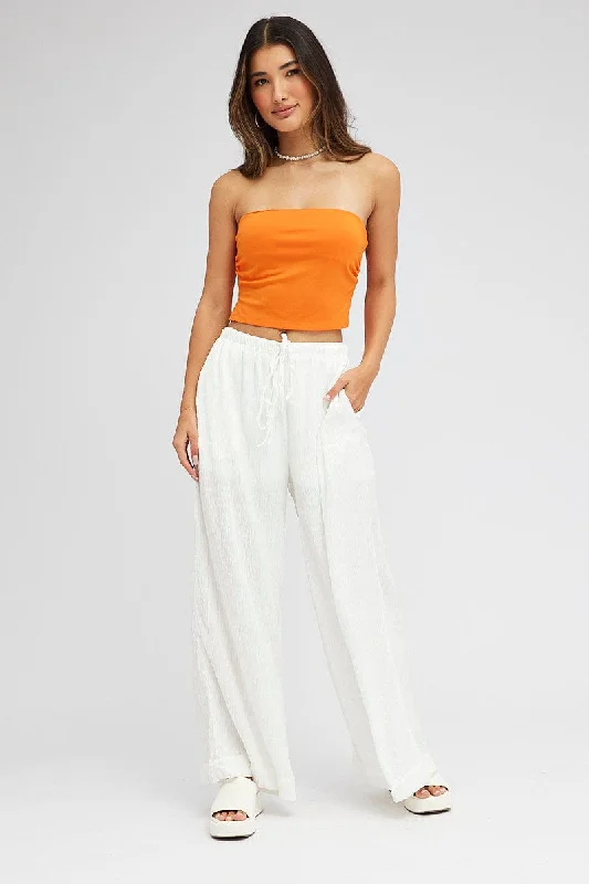 White Wide Leg Pants High Rise Textured Fabric