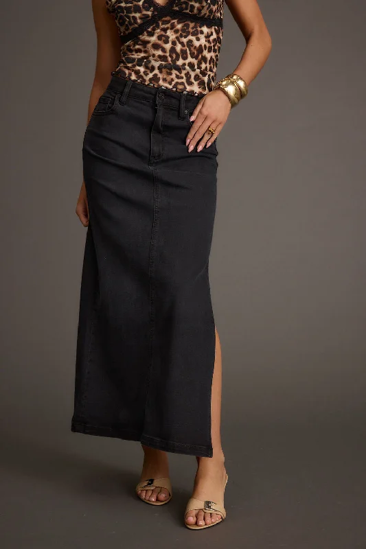 Wilder Black Stretch Denim Maxi Skirt