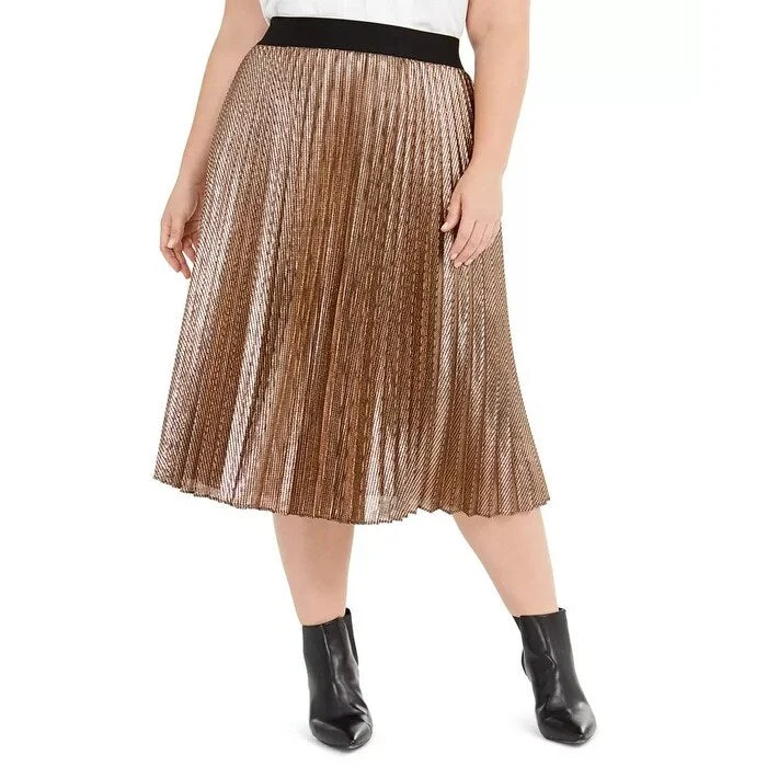 Alfani Women's Plus Pleated Metallic Midi Skirt Brown Size 3X