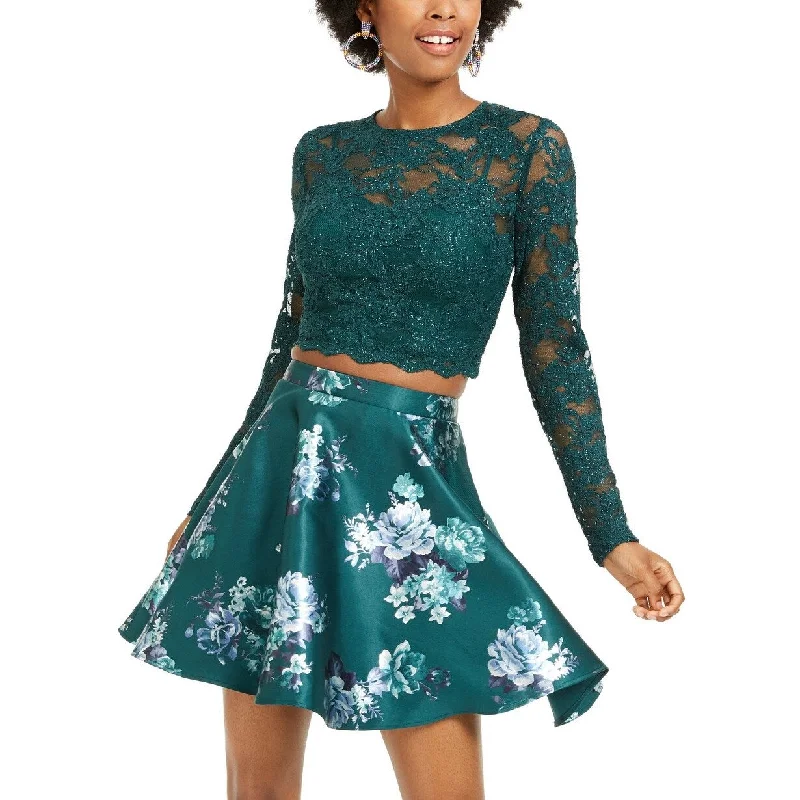 City Studios Juniors' 2-Pc. Lace Top & Floral-Print Skirt Dark Green Size 3